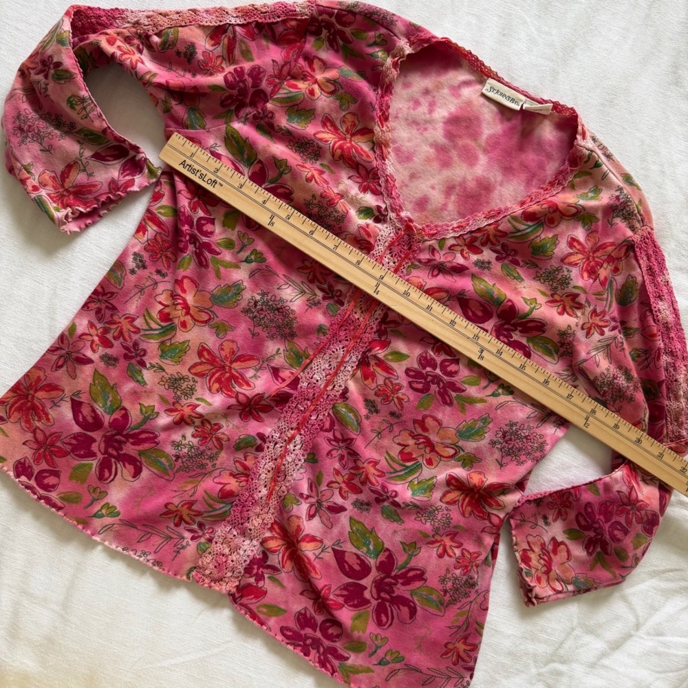 Y2K Boho Fairy Womens Pink Tie Dye Floral Lace Trim 3/4 Sleeve Cotton Top Medium - Picture 7 of 7